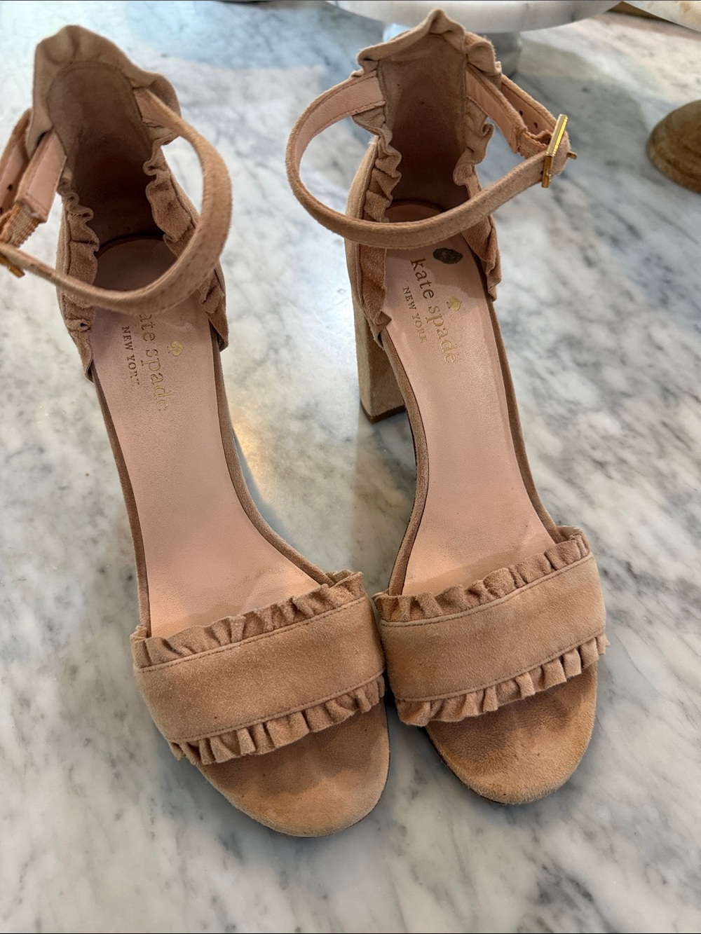 kate spade Blush Suede Ruffle Ankle-Strap Block Heels